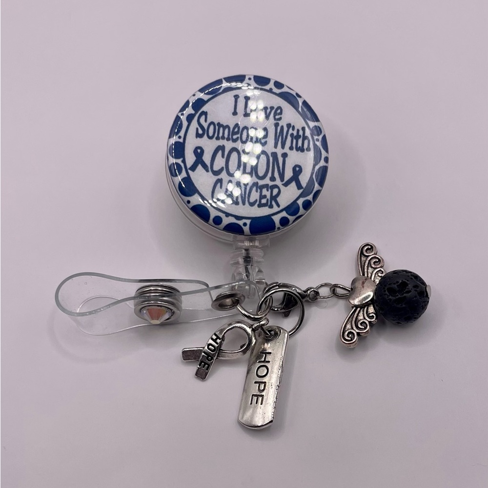 ⭐️”colon cancer awareness line” badge reel name badge holder. I love someone